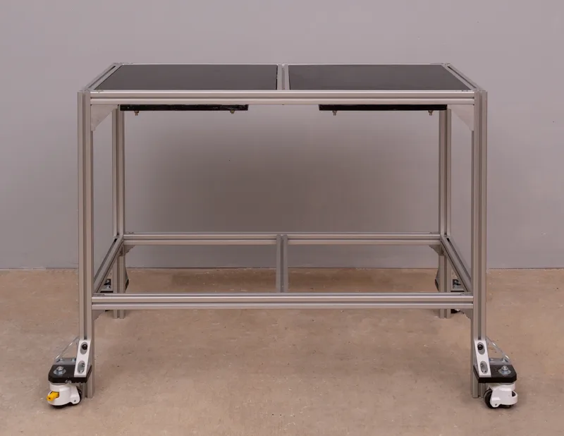 Forge modular aluminum extrusion workbench with dual vibration isolation tops and locking casters